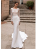 Long Sleeve Boat Neck Ivory Satin Lace Wedding Dress